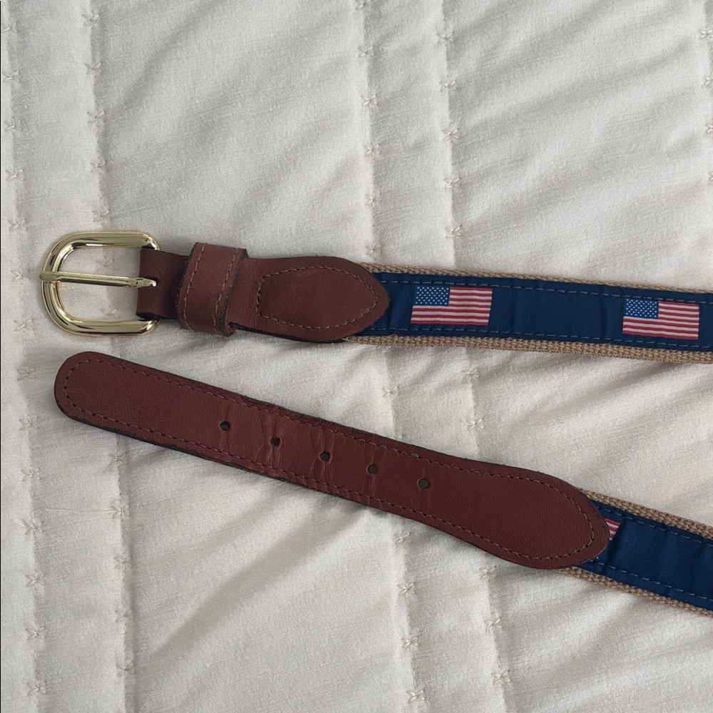 Navy Blue Flag Webbing Belt with Brown Leather Accents